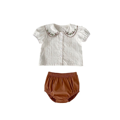 Ropa infantil de manga corta de verano 2024, top con cuello de muñeca bordado para niña + pantalones de pedo, 2 trajes dulces 