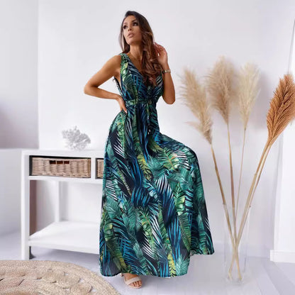 A European and American foreign trade independent station wishes Amazon's popular 2021 summer dress new printed backless strap dress