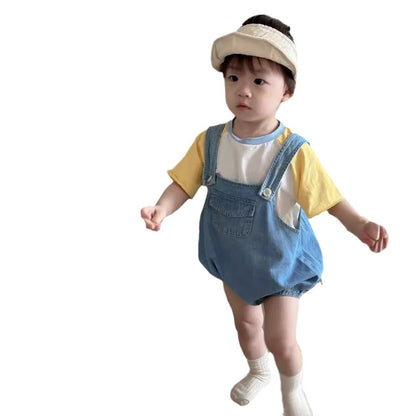 A children's summer clothing, baby short sleeved set, Korean version children's clothing, baby summer T-shirt, denim shoulder strap, shorts set