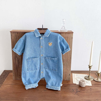 A baby spring and autumn denim jumpsuit for boys and girls, cartoon teddy bear with open buckle, long crawling clothes for newborns