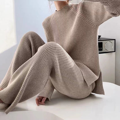 A cross-border new lazy style elegant solid color casual temperament split knitted sweater wide-leg pants two-piece set women