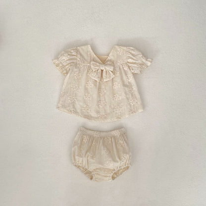 A 2024 summer ins baby 0-3 years old baby girl embroidered lantern short-sleeved top + briefs 2-piece set