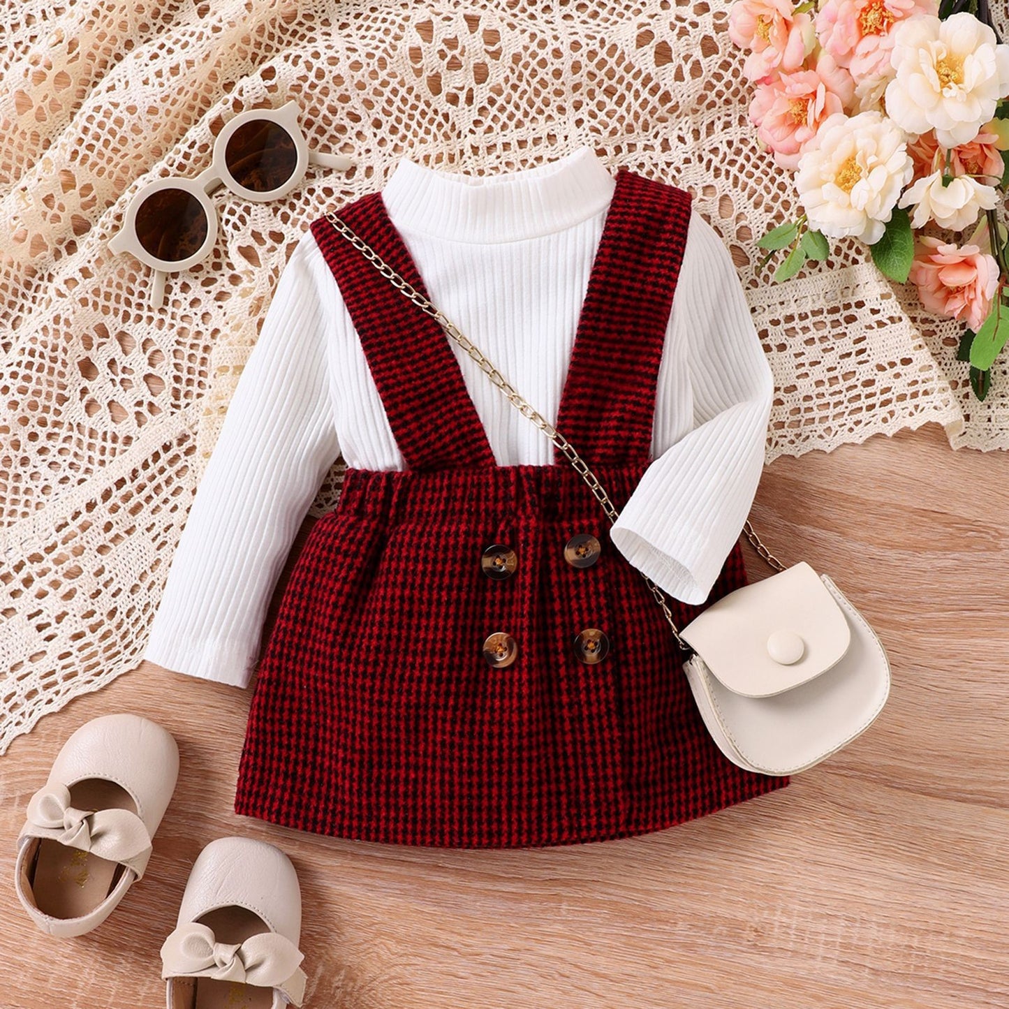 Conjunto infantil de otoño/invierno con falda corta a cuadros finos, cuello redondo, manga larga y tirantes, color liso, 0,2 kg 