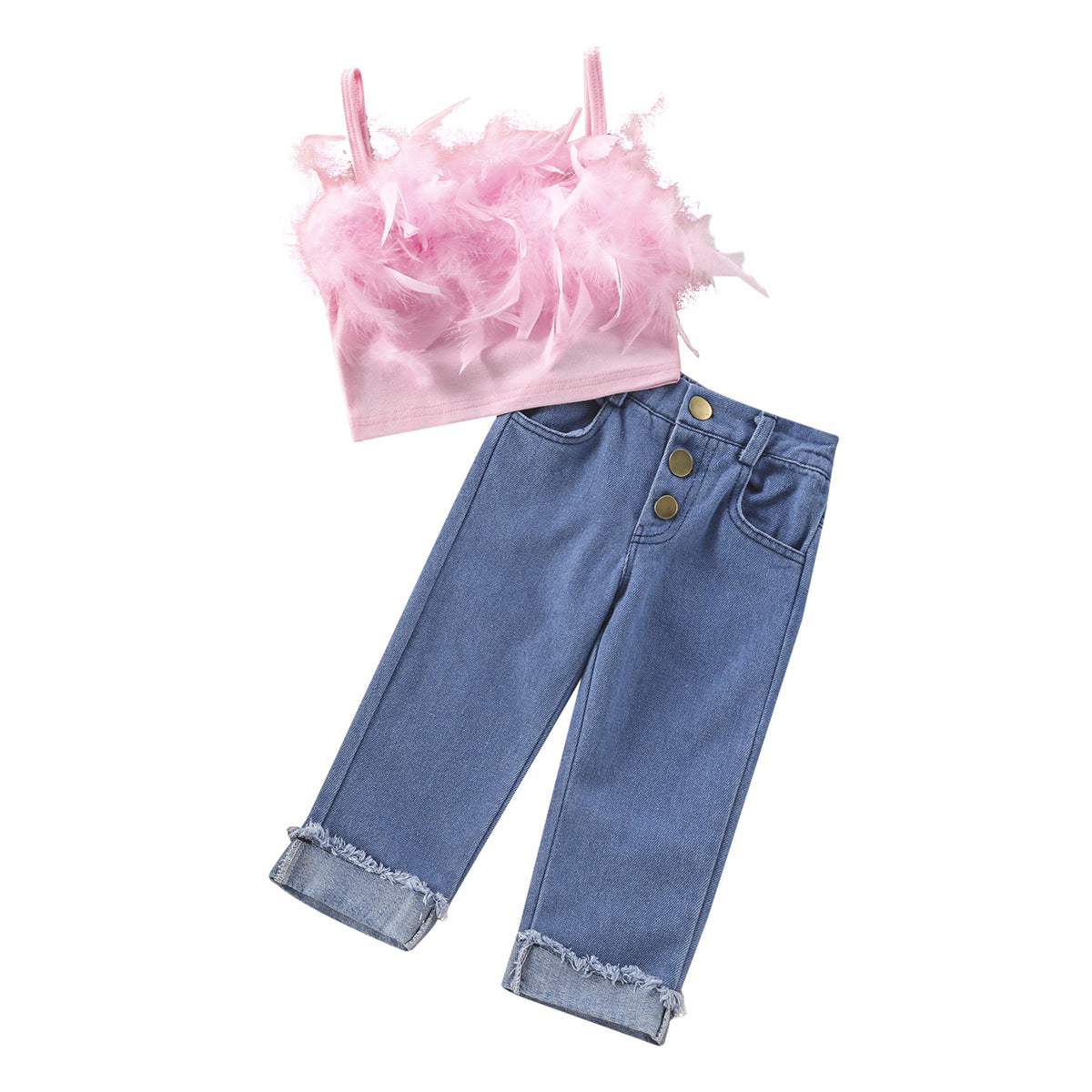 New Girls Solid Color Camisole + Denim Trousers Set 0.2kg