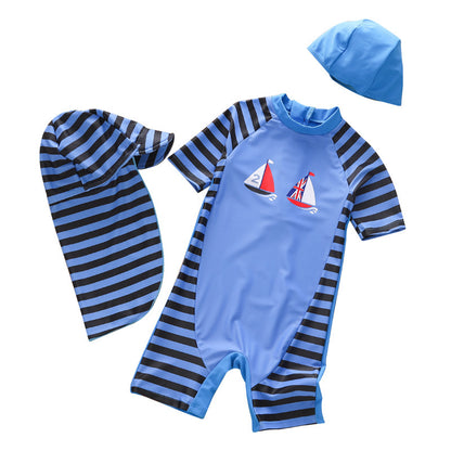 Trajes de baño para niños de fábrica transfronteriza, trajes de baño de una pieza para aguas termales para niños y niñas, protector solar de playa, mangas cortas, conjunto de 3 piezas a rayas 