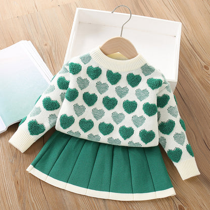 A girls sweater set autumn and winter new Korean version cute baby granular velvet love knitted pullover two-piece set