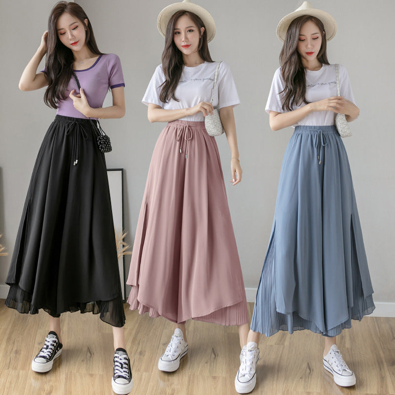 A real shot chiffon wide-leg pants women's 2024 summer high-waisted culottes loose and drape nine-point pleated wide-footed pants skirt