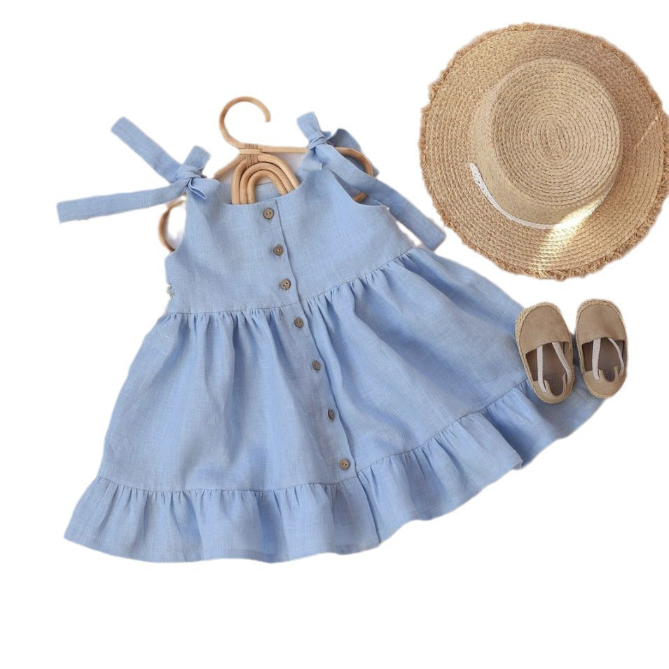 A girl's cotton and linen sleeveless camisole dress with ruffled edge princess skirt girl linen cotton dresses