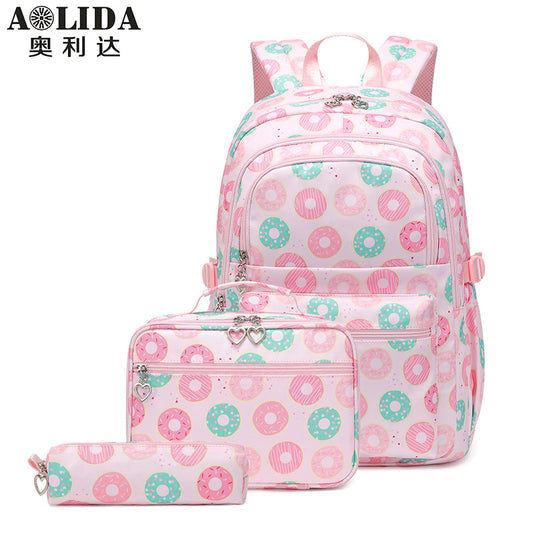 Mochila escolar para estudiantes de primaria nueva de 2024, conjunto de tres piezas de gran capacidad con estampado de donuts y bonitos para niñas, mochila para madres 