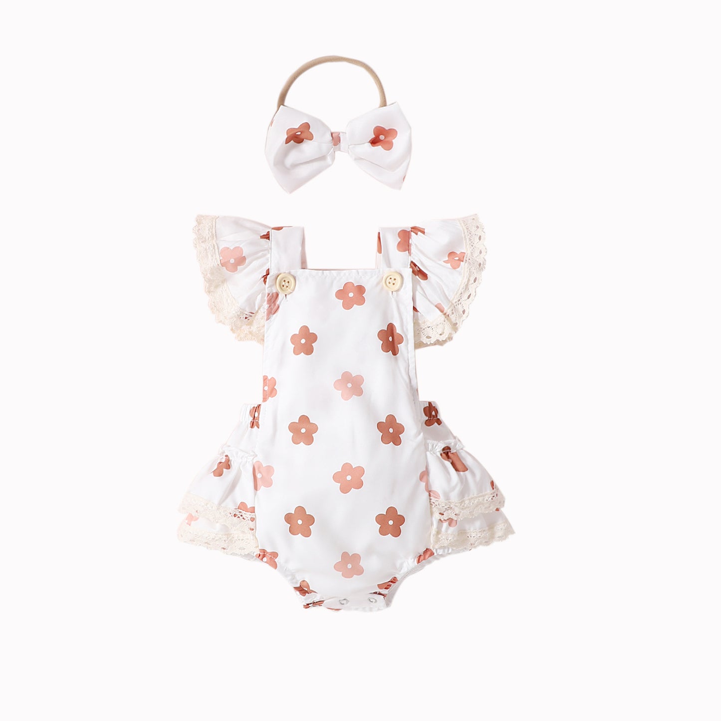 Mono para gatear con forma de triángulo y tocado para niña con mangas abullonadas de encaje y estampado floral pequeño 