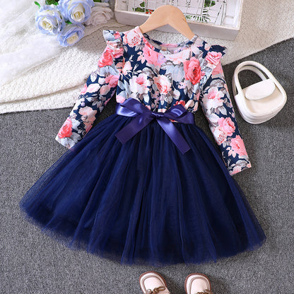 New Spring and Autumn Girls' Spring and Autumn Flying Sleeves Long sleeved Printed Mesh Dress for Primary and Secondary School Children 0.11kg