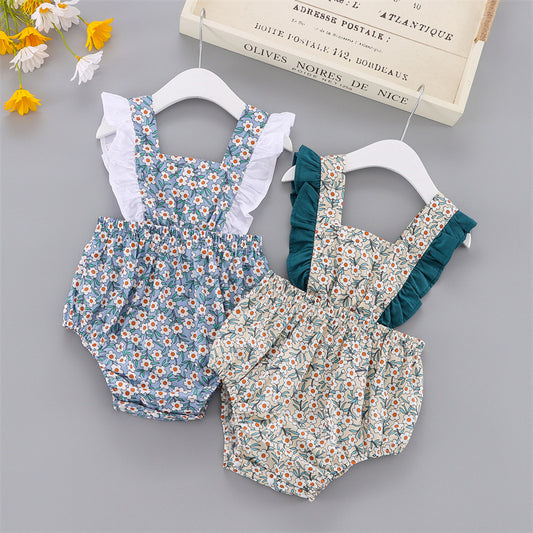 Korean style baby summer baby girl, sweet floral flying sleeve strap, Ha Yi thin bag fart jumpsuit, triangle crawling suit