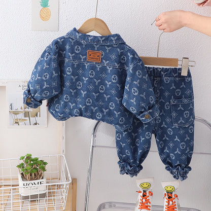 A boys' suit children's spring and autumn clothing 2024 new medium and small children's baby full-printed denim three-piece set boy Korean version tide