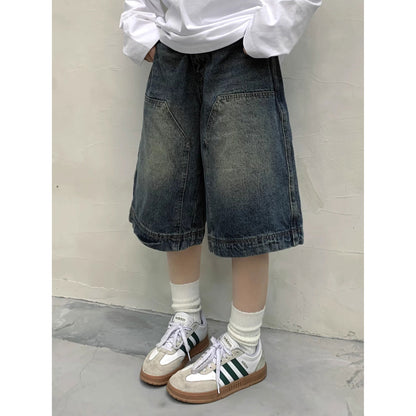 A American retro wash niche denim shorts women's summer new straight wide-leg distressed casual cropped pants