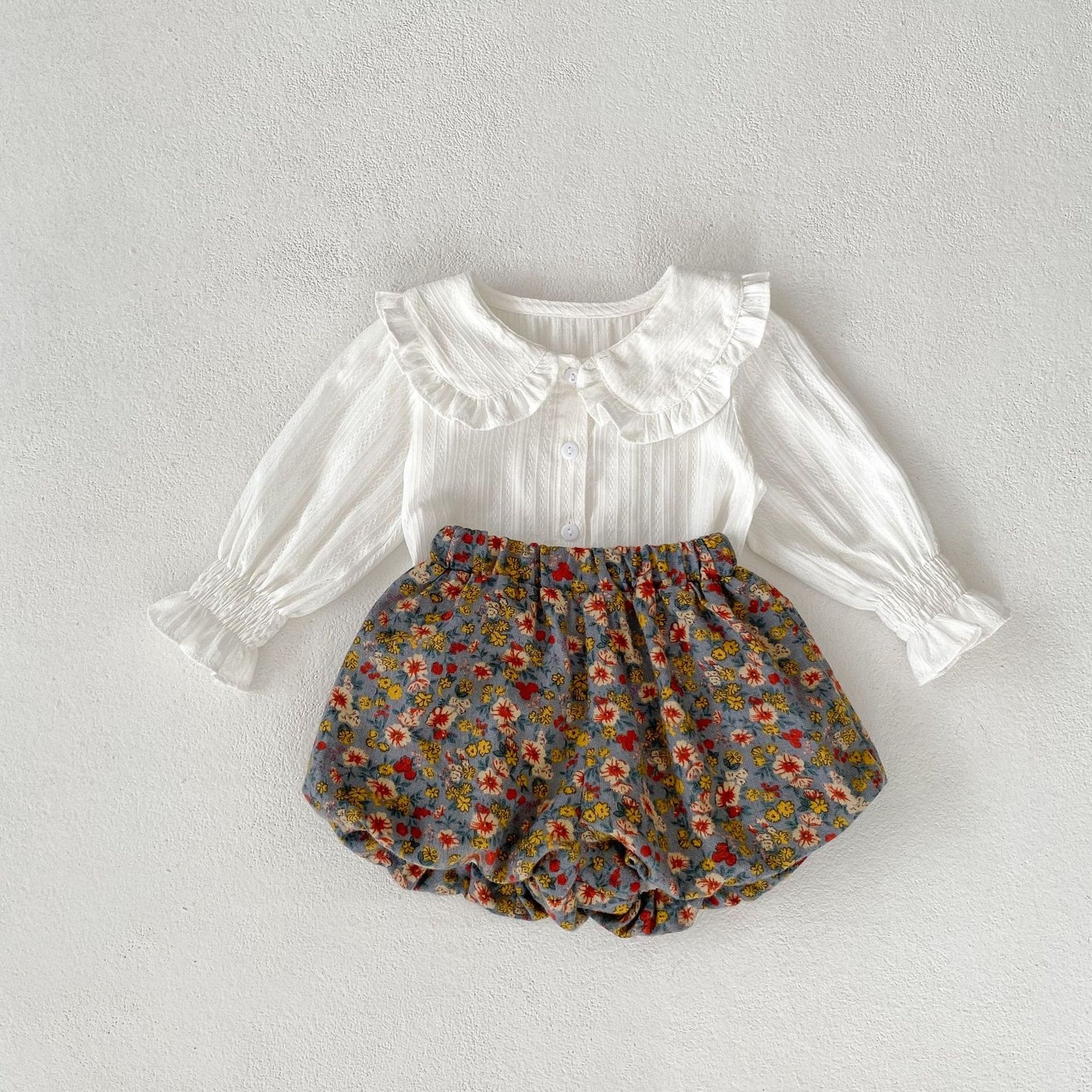 A Autumn baby children baby girl doll collar jacquard top + floral double pants 2-piece set