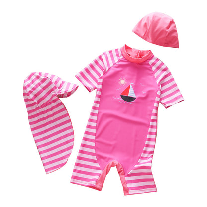 Traje de baño para niñas de una fábrica transfronteriza Traje de baño de una pieza Traje de baño de aguas termales Playa Protector solar Manga corta Rayas Conjunto de tres piezas para niños 