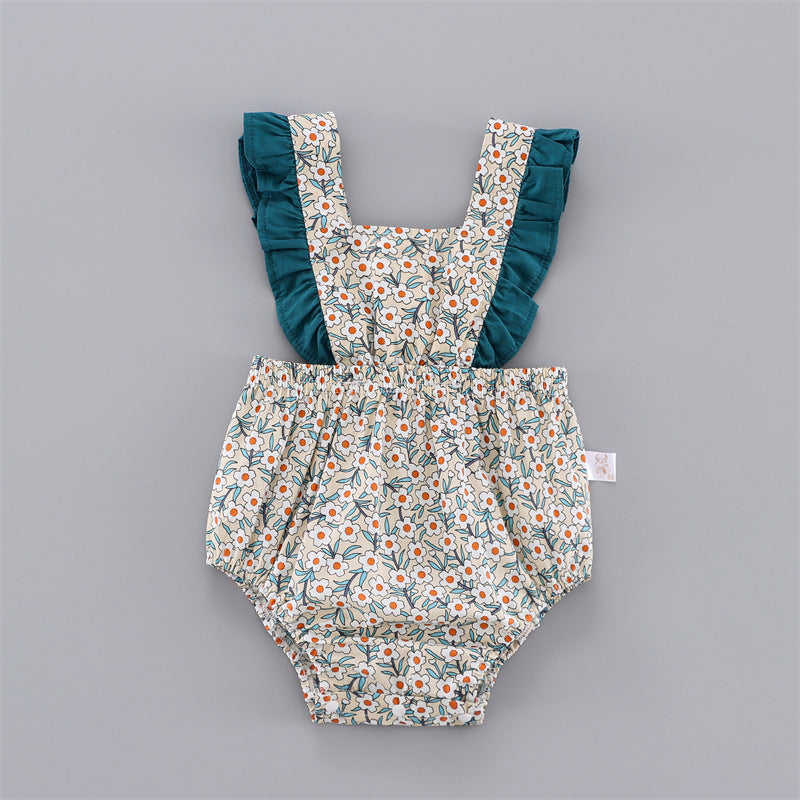 Bebé niña de estilo coreano de verano, dulce mono con tirantes florales y mangas voladoras, mono fino con pedos Ha Yi, traje de gateo triangular 