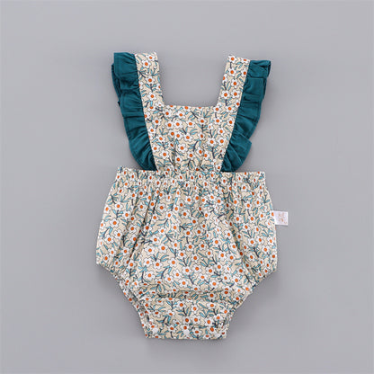 Bebé niña de estilo coreano de verano, dulce mono con tirantes florales y mangas voladoras, mono fino con pedos Ha Yi, traje de gateo triangular 