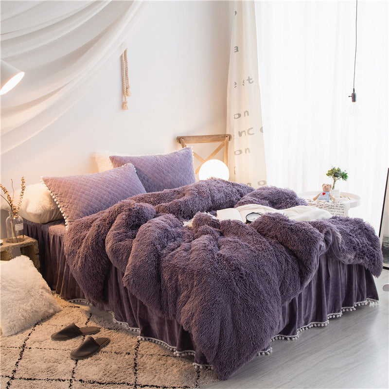 A Autumn and winter thickened warm mink velvet bed skirt four-piece crystal velvet princess wind long hair double-sided velvet bedding