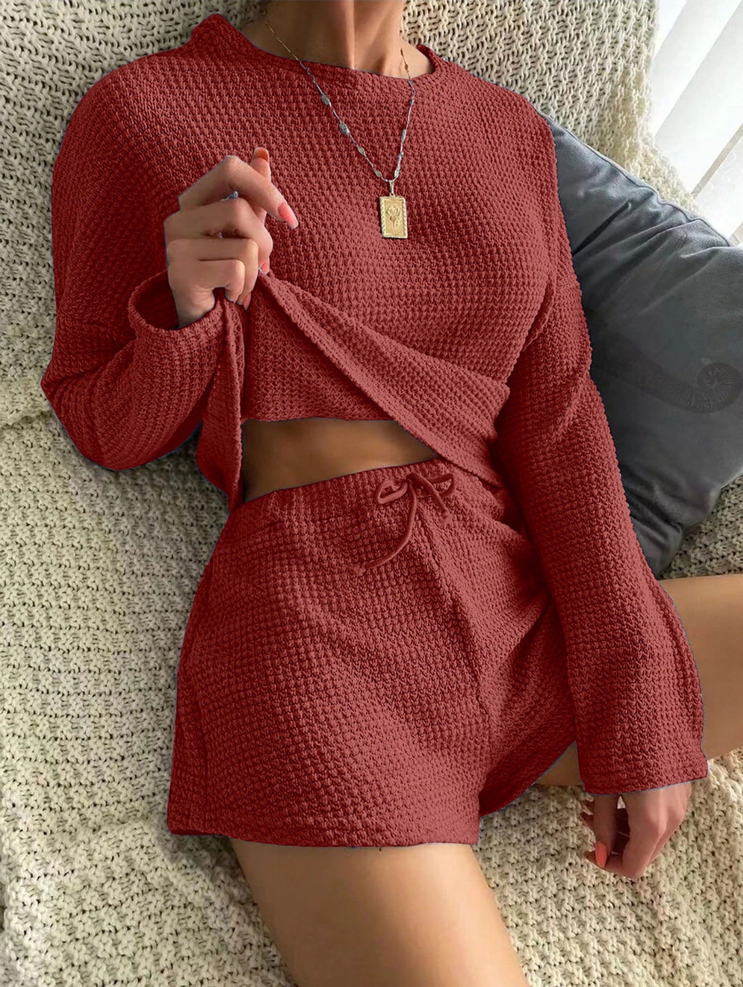 A Cross-border loungewear simple casual wagoff suit solid color summer pullover pajamas women can wear two sets in all seasons