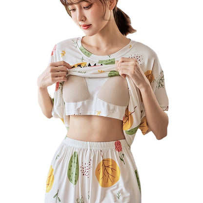 A 2024 Modal pajamas women's summer thin short-sleeved shorts anti-bumps with chest pads loungewear suit can be worn outside