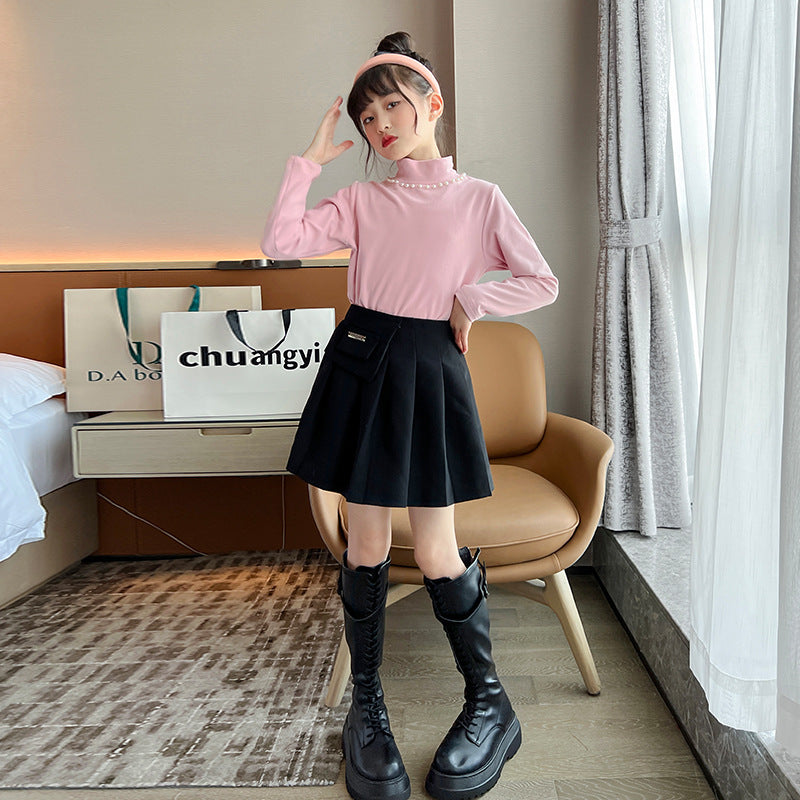 Girls' high necked bottom shirt for spring, autumn, and winter, children's warm autumn clothes, cotton lining, and large children's solid color top 0.3kg