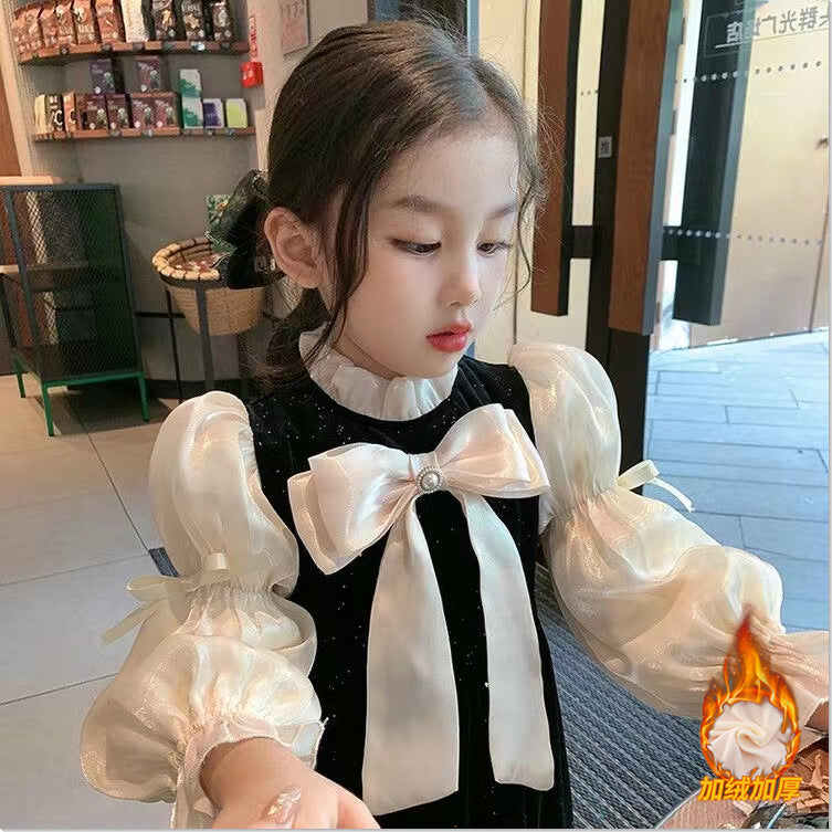 Girls&#039; Spring and Autumn Long Sleeve High-end Dress Western Style Hepburn Small Fragrant Bow Bubble Sleeve Dress Skirt