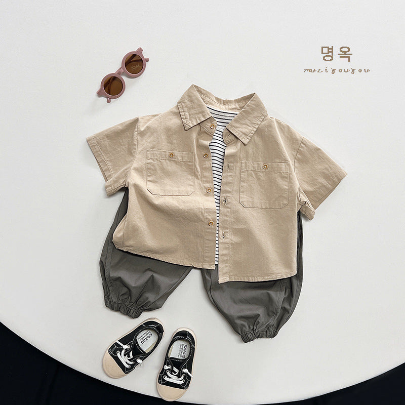 Copy a good match ~ spring and summer new children's half-sleeved shirts for boys and women, Japanese Korean version of simple short-sleeved jackets, trendy children's clothing