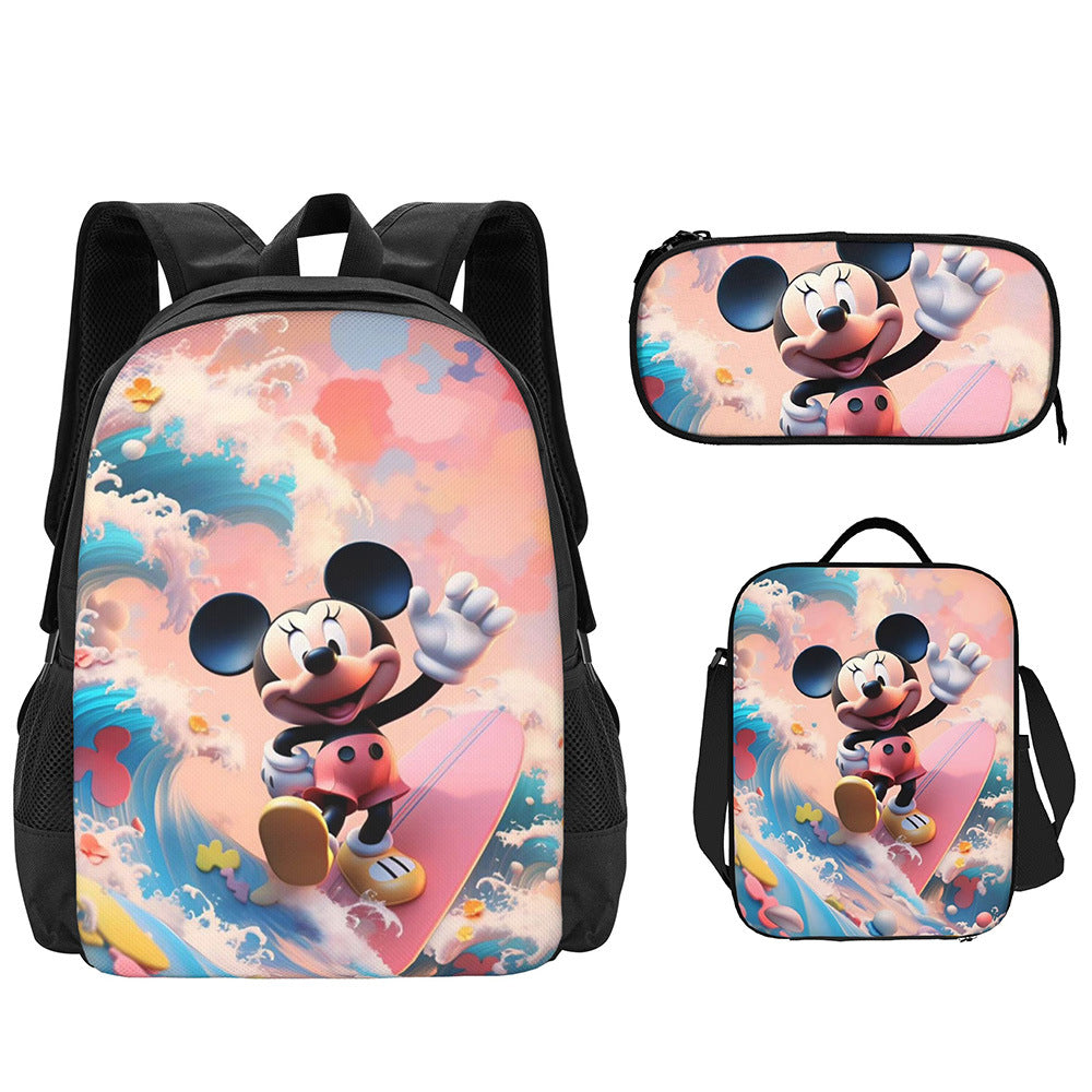 Mochila escolar de Mickey, estuche para lápices de primaria, bolsa de comida, mochila para niños de venta caliente transfronteriza, mochila para niños de jardín de infantes, conjunto de tres piezas para mujer 