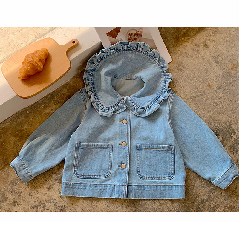 Girls' denim jacket spring outfit new children's long sleeved lace lapel short casual top 0.2kg