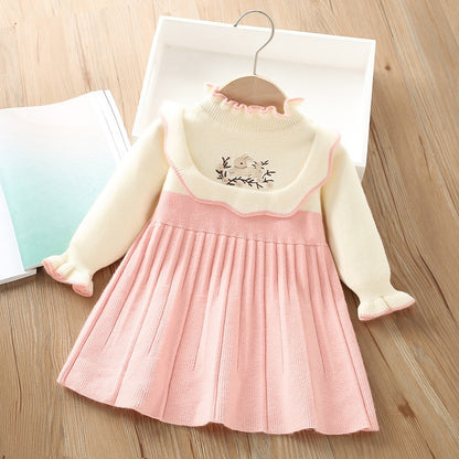 A girls dress autumn and winter new Korean version cute baby rabbit embroidered children's wool long-sleeved doll dress