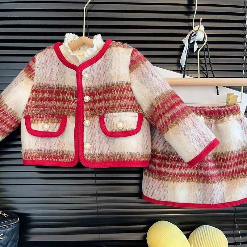 Conjunto de dos piezas de falda gruesa de lana y algodón de estilo nuevo de invierno para niñas 