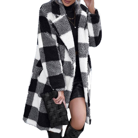 Women's Amazon AliExpress Independent Station Autumn and Winter Long Lapel Plaid Plush Jacket