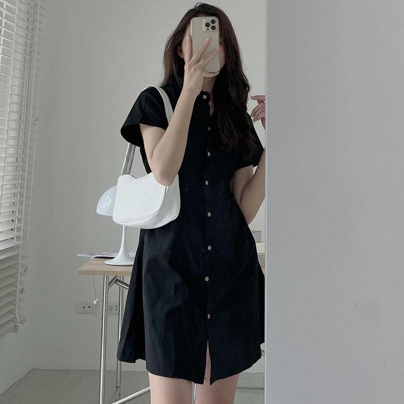 A Korean chic summer simple temperament lapel single-breasted waist thin short-sleeved shirt-style small dress