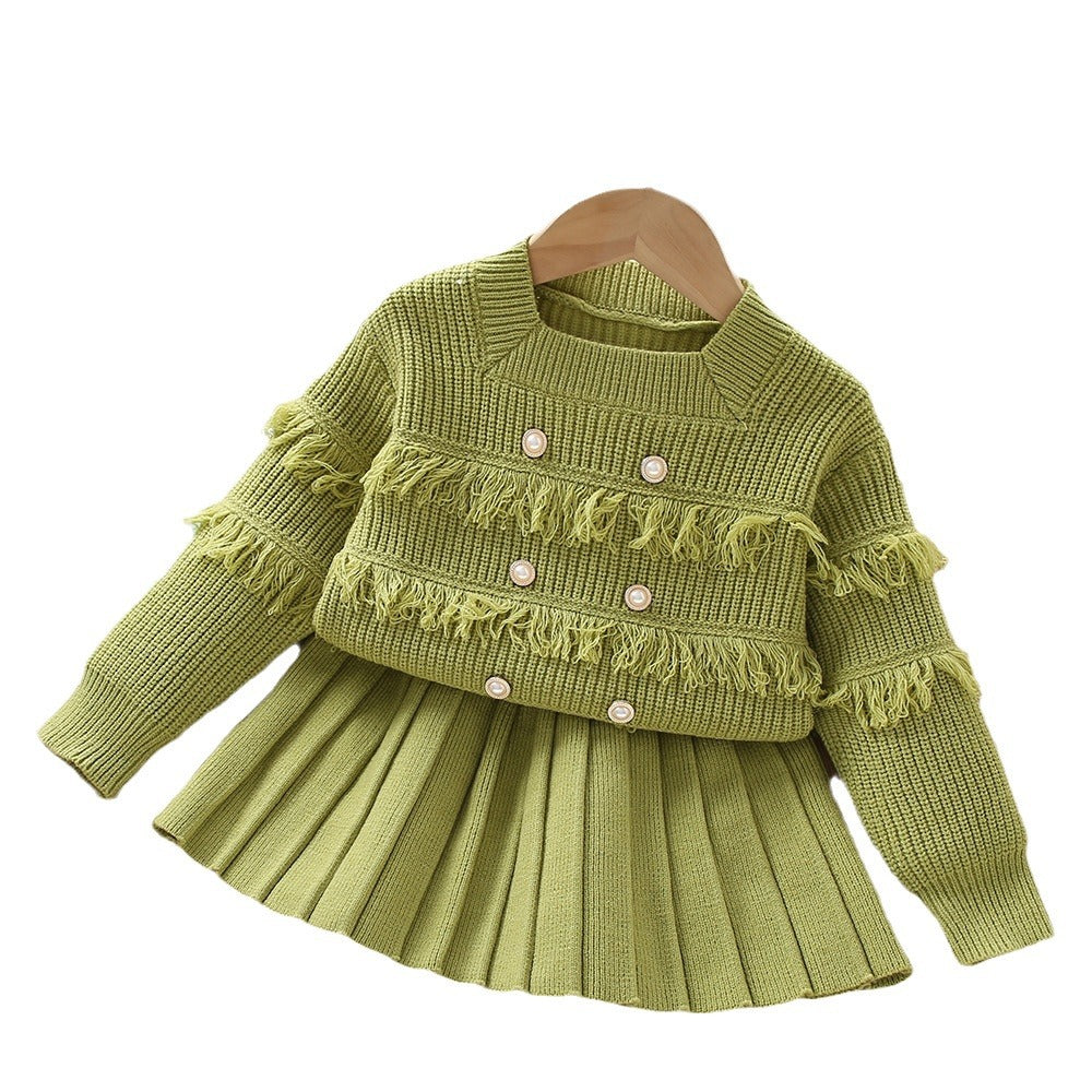 A Girls sweater set  autumn Korean version of fashionable little girl fringed foreign style knitted long-sleeved pullover two-piece set