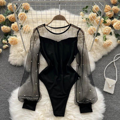 Spring/Summer European and American Instagram Design Sensory Mesh Splicing Knitted Top Women's jumpsuit High Fork Waist Leakage Sexy Bottom Shirt(weight:0.1kg)