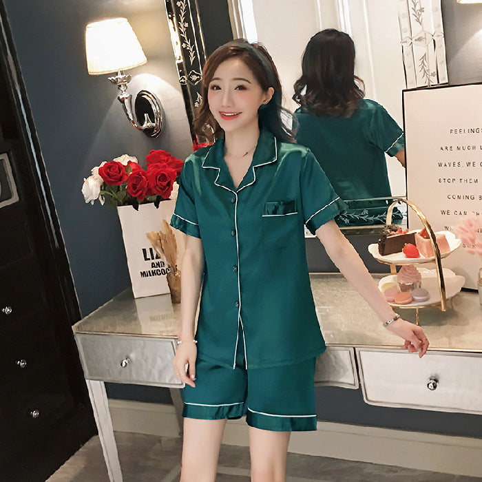 A Trade hot pajamas2024 pajamas women's summer double short imitation silk chest opening 2-piece silk solid color set