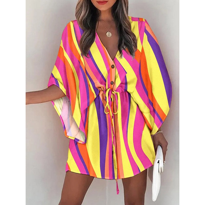 A cross-border European and American foreign trade women's clothing summer women's flying sleeves Amazon V-neck lace up printed beach skirts wholesale