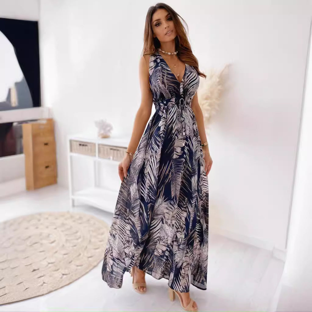 A European and American foreign trade independent station wishes Amazon's popular 2021 summer dress new printed backless strap dress