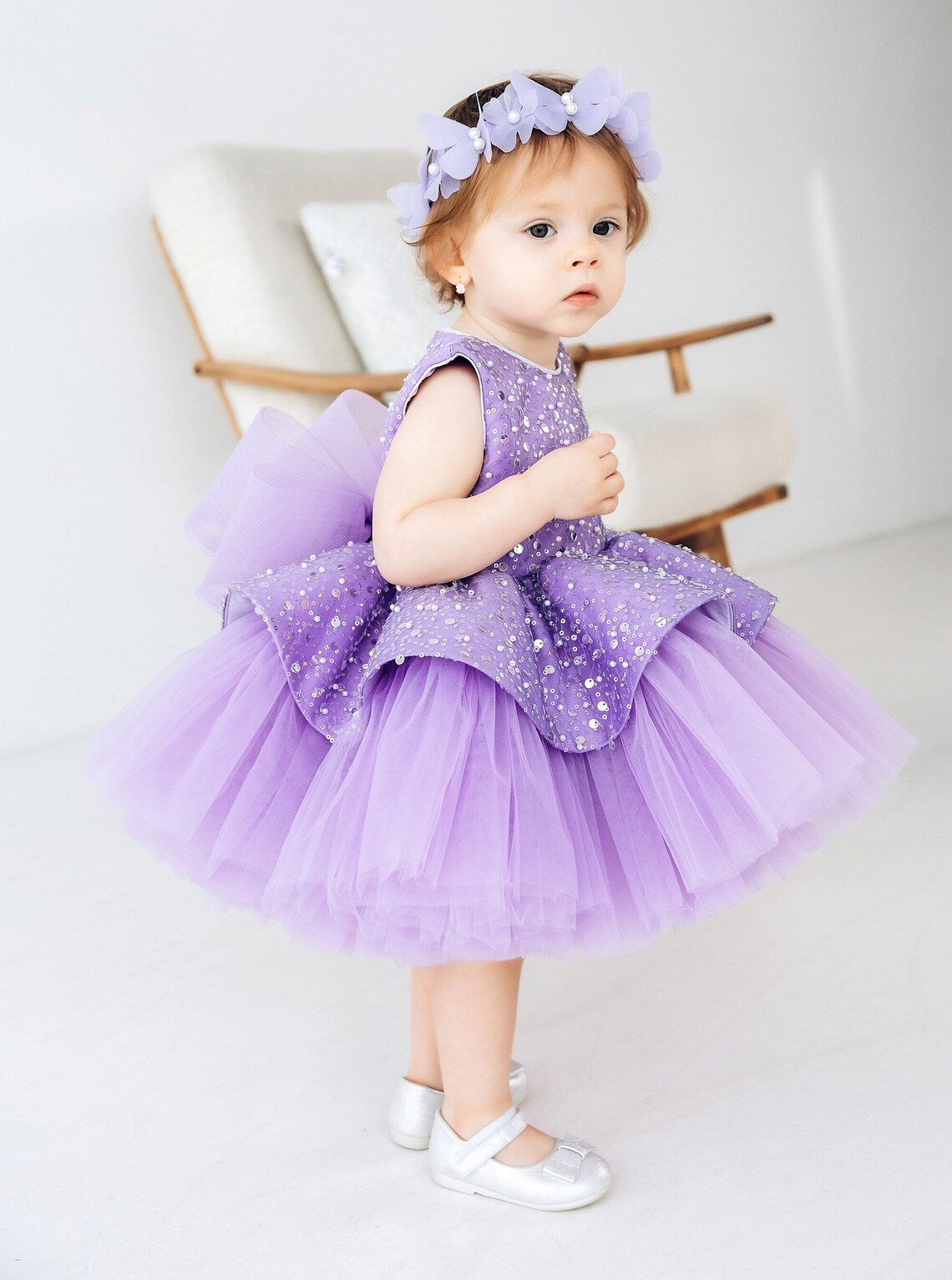 Un vestido para niños de AliExpress con falda esponjosa de lentejuelas moradas, vestido de princesa para fiesta de cumpleaños de niña, vestido para niña de un año, 0,8 kg 