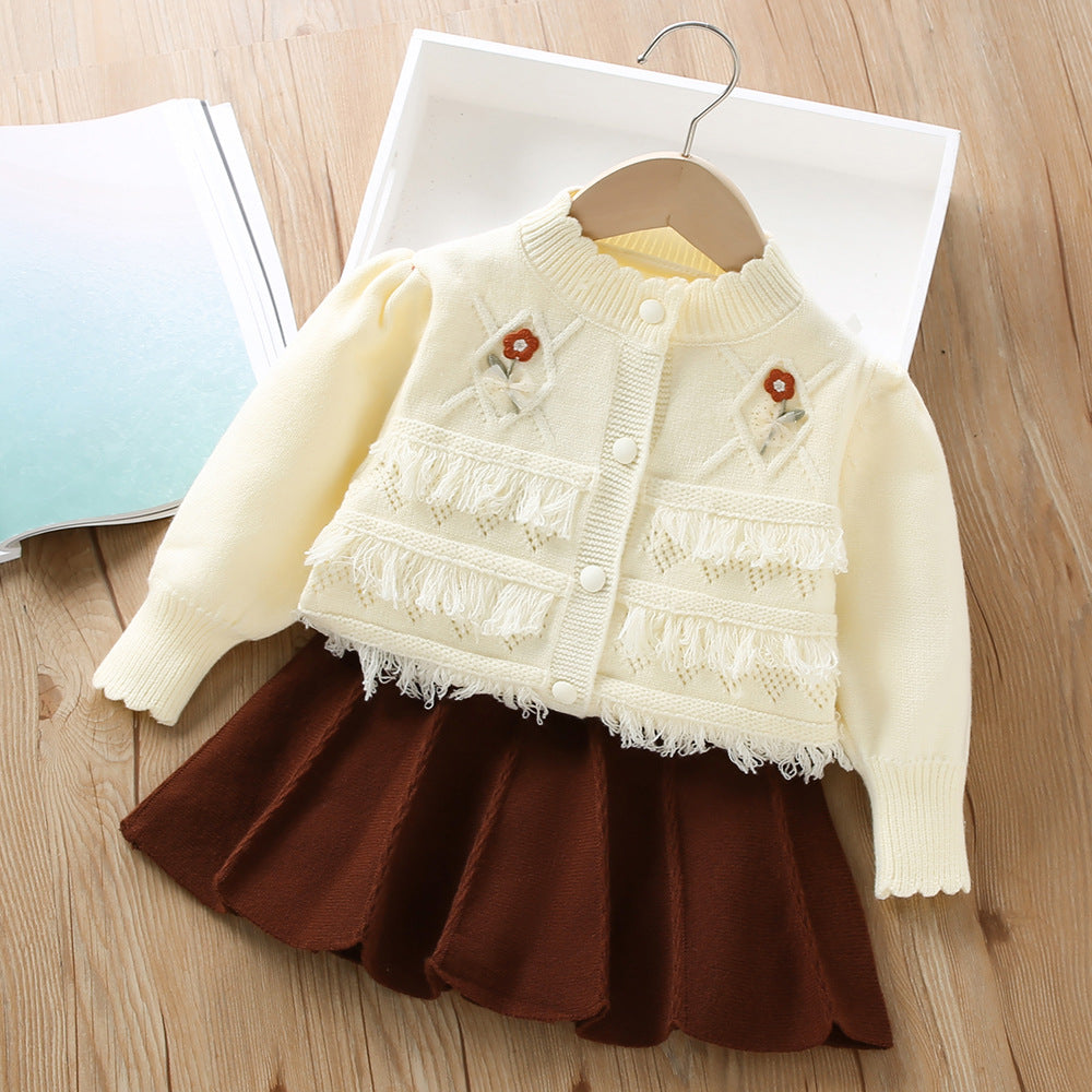 A girls sweater set autumn and winter new Korean version foreign style fringed flower little girl knitted cardigan two-piece set