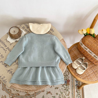 A Autumn and winter infants and baby girls, daisy embroidered hollow knitted jacket + knitted suspender skirt can be sorted