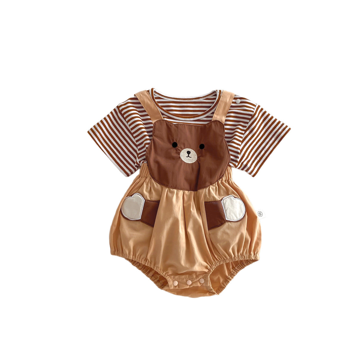 A 2024 summer new baby onesie for boys and girls cute bear strap bag fart shirt short sleeve t-shirt set