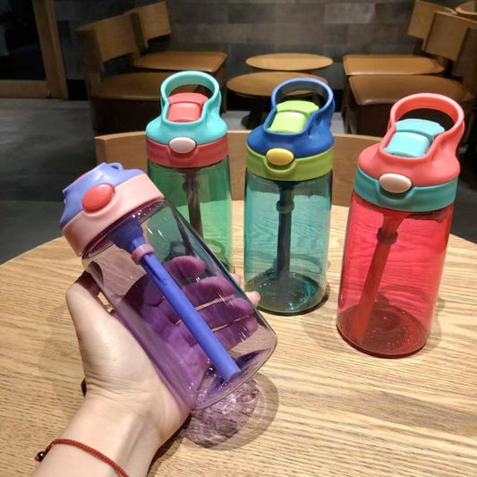 A children's straw cup anti drop plastic water cup for boys and girls, baby water bottle for elementary school students, cute cartoon leak proof summer cup