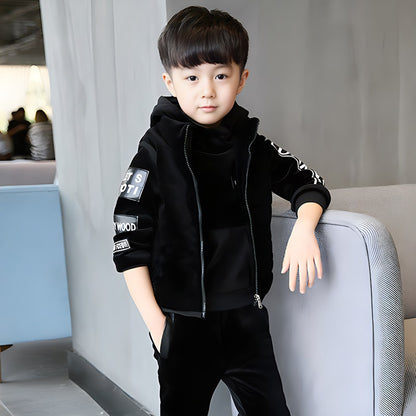 A boys autumn and winter suit new fleece thickened sweater three-piece set medium and older children's Korean version double-sided fleece children's clothing