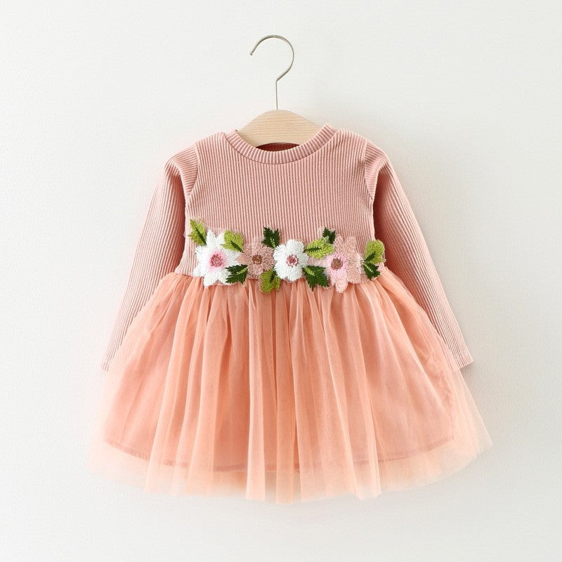 A031 fábrica de nuevos productos de primavera y otoño, venta al por mayor, vestido de manga larga con flores para niños, falda de princesa, falda de bebé, 0,2 kg