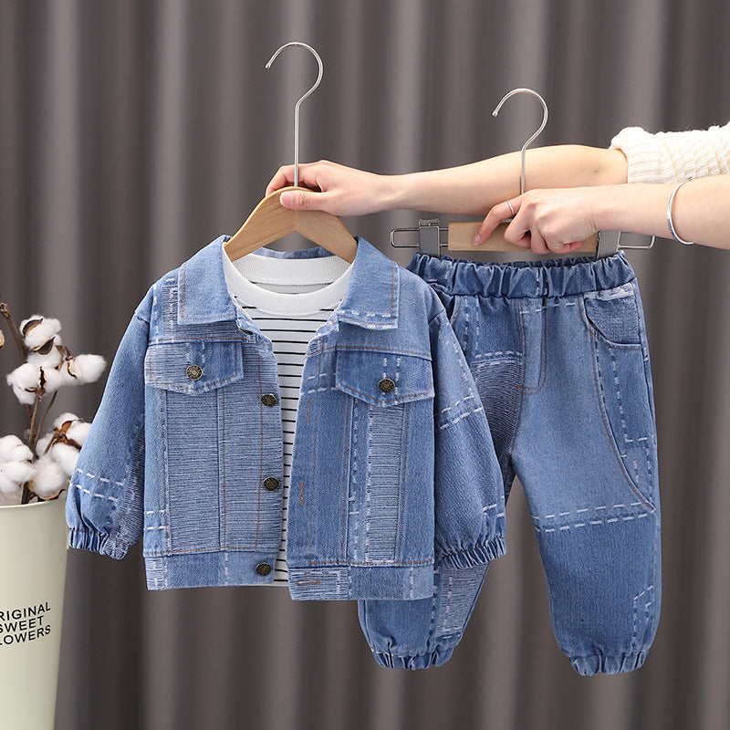 Korean version of spring fashion baby spring jacquard denim cardigan long-sleeved suit tide boy new long-sleeved three-piece set 0.3KG