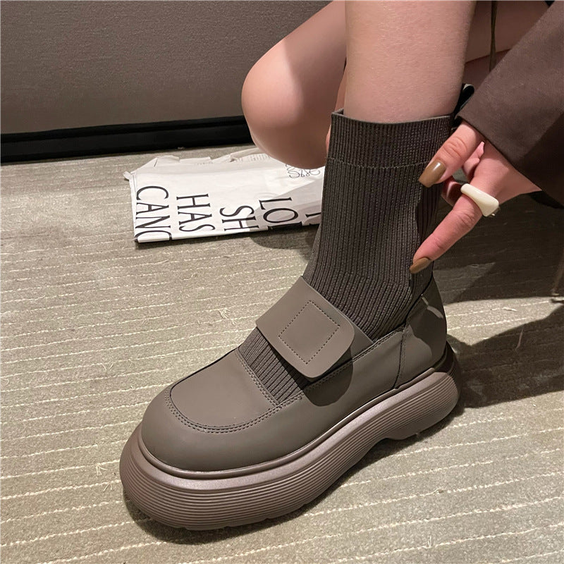 A Autumn and winter sleeve round head thick sole heightening short boots versatile fashion single boots trendy cool fashion personalized socks boots women