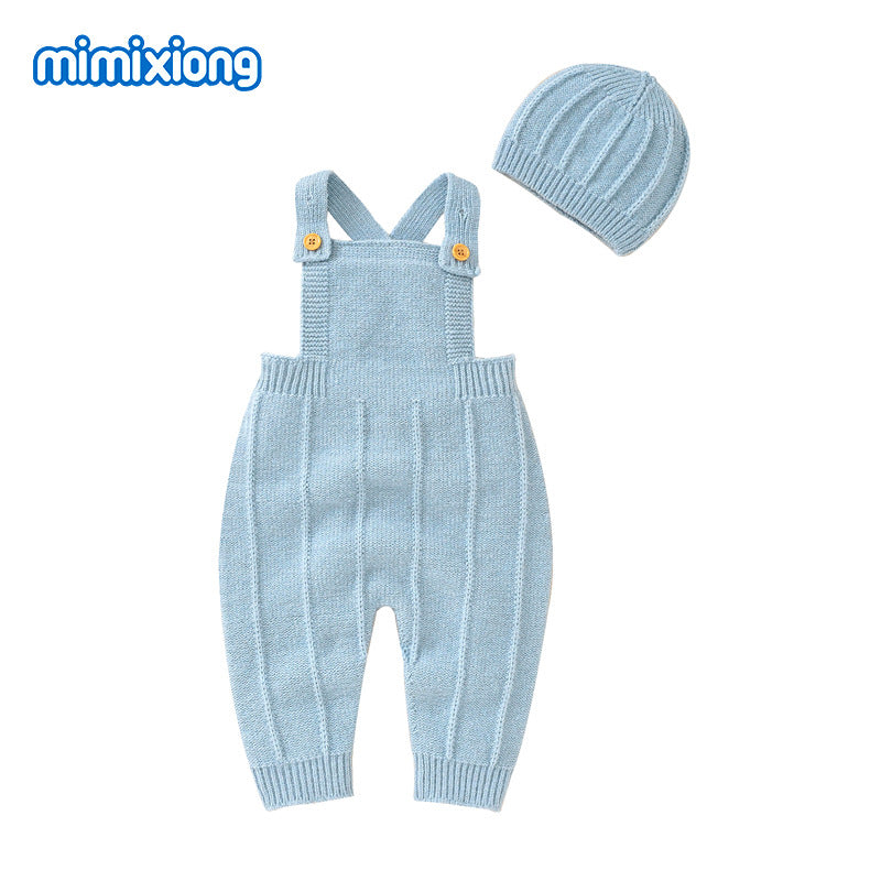 A ins hot spring and autumn new baby solid color suspender Romper + hat set climbing clothes