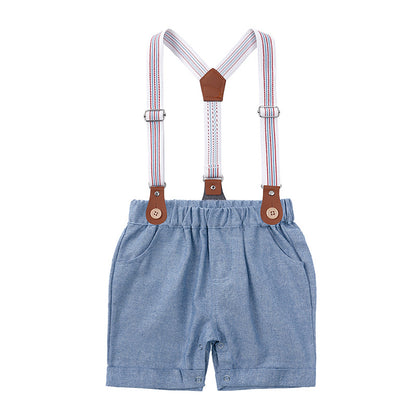 A Summer Gentlemen's Set for Boys in Foreign Trade, Two Piece Set of Infant Crawling Clothes with Backstraps and Pants, British Style, Handsome Dress for Delivery